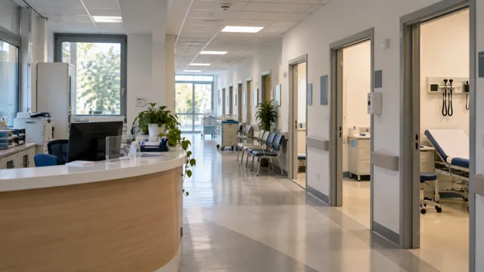 Reception e corridoio di clinica moderna