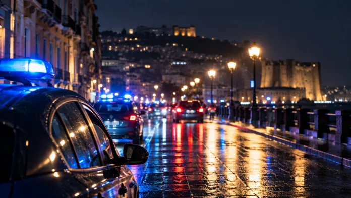 Strada Notturna tra Luci Blu e Pioggia